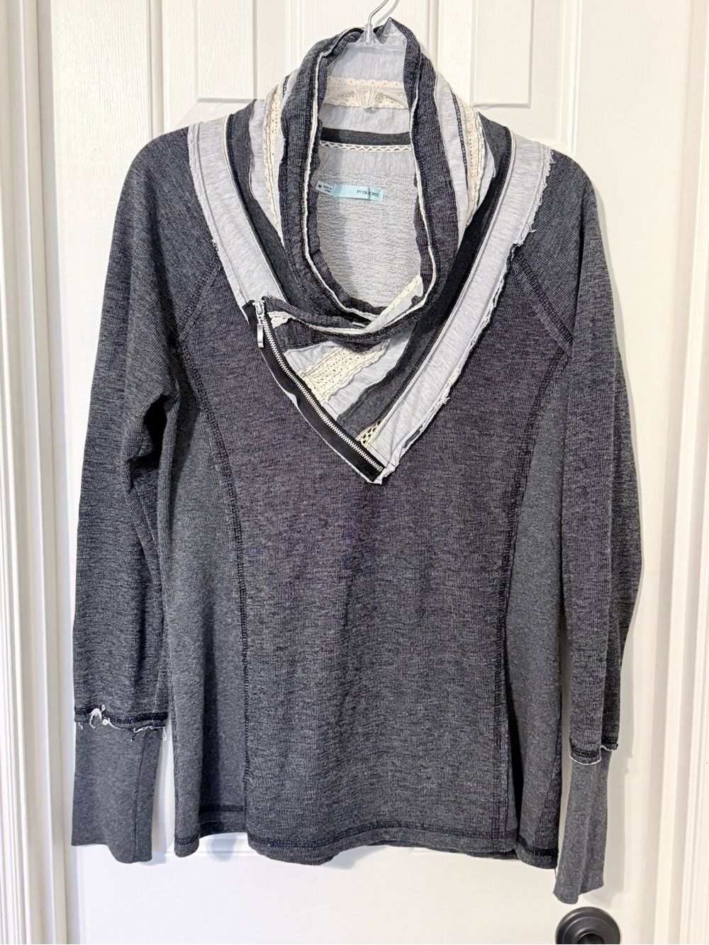 Maurices Charcoal Gray Layered Cowl Neck Sweatshirt with Cream Trim